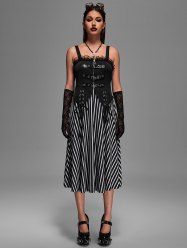Gothic Lace Trim Zipper Buckle Lace-up Striped Patchwork Dress -  
