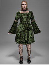 Gothic Lace Trim Lace-up Bell Sleeves Velvet Dress -  