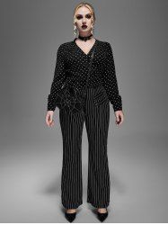 Gothic Bowknot Polka Dot V Neck Ruched Blouse -  