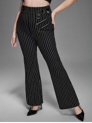 Gothic Zipper Striped PU Panel Buckle Rings Grommet Flare Pants -  