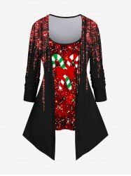 T-shirt 2 en 1 grande taille à motif de bonbons de Noël, nœud papillon, paillettes scintillantes et pompon, imprimé 3D - Noir 2X