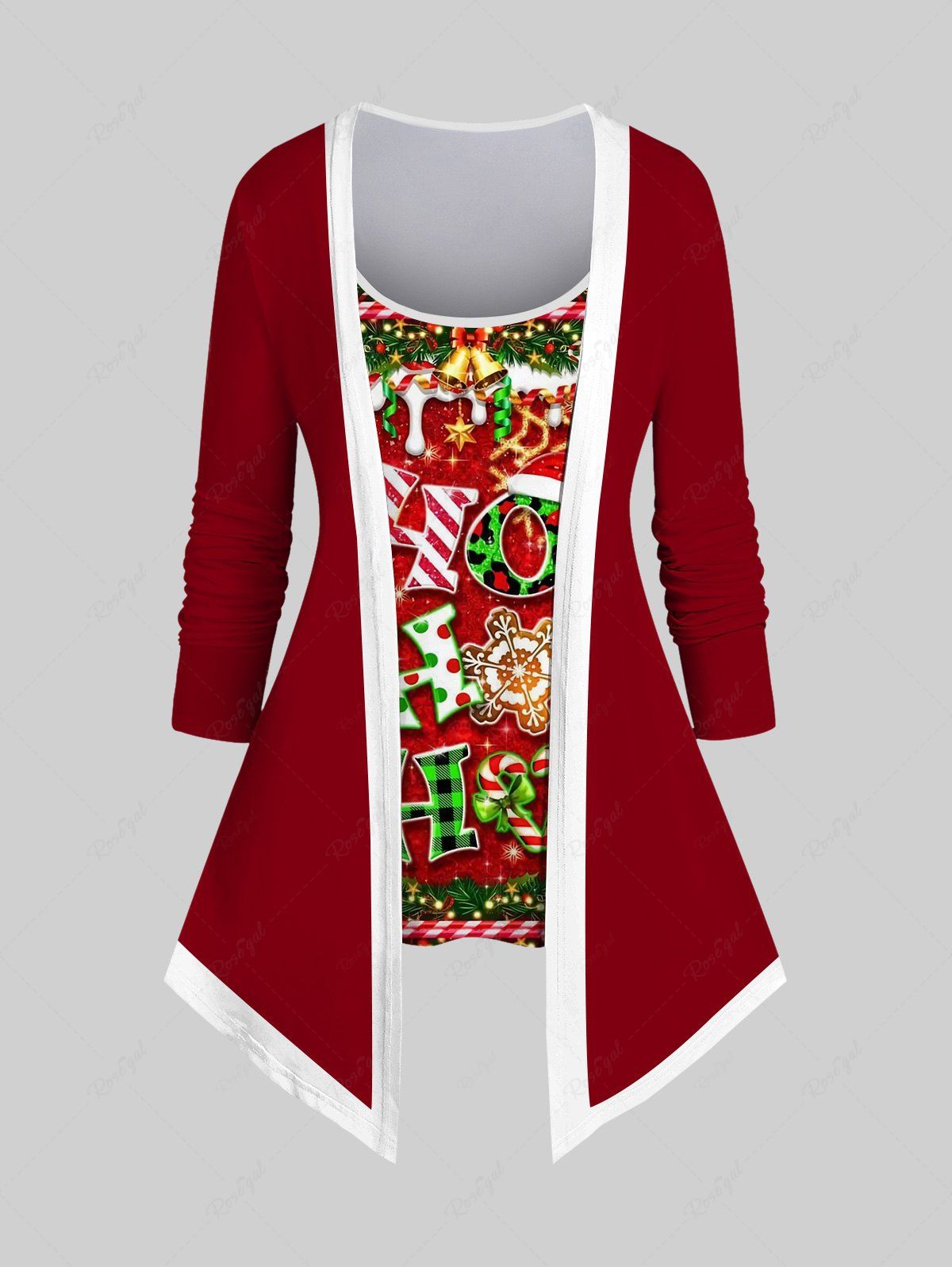 Chic Plus Size Glitter Christmas Wreath Bell Snowflake Letters Candy Contrast Piping Print 2 in 1 Patchwork Long Sleeves T-shirt  