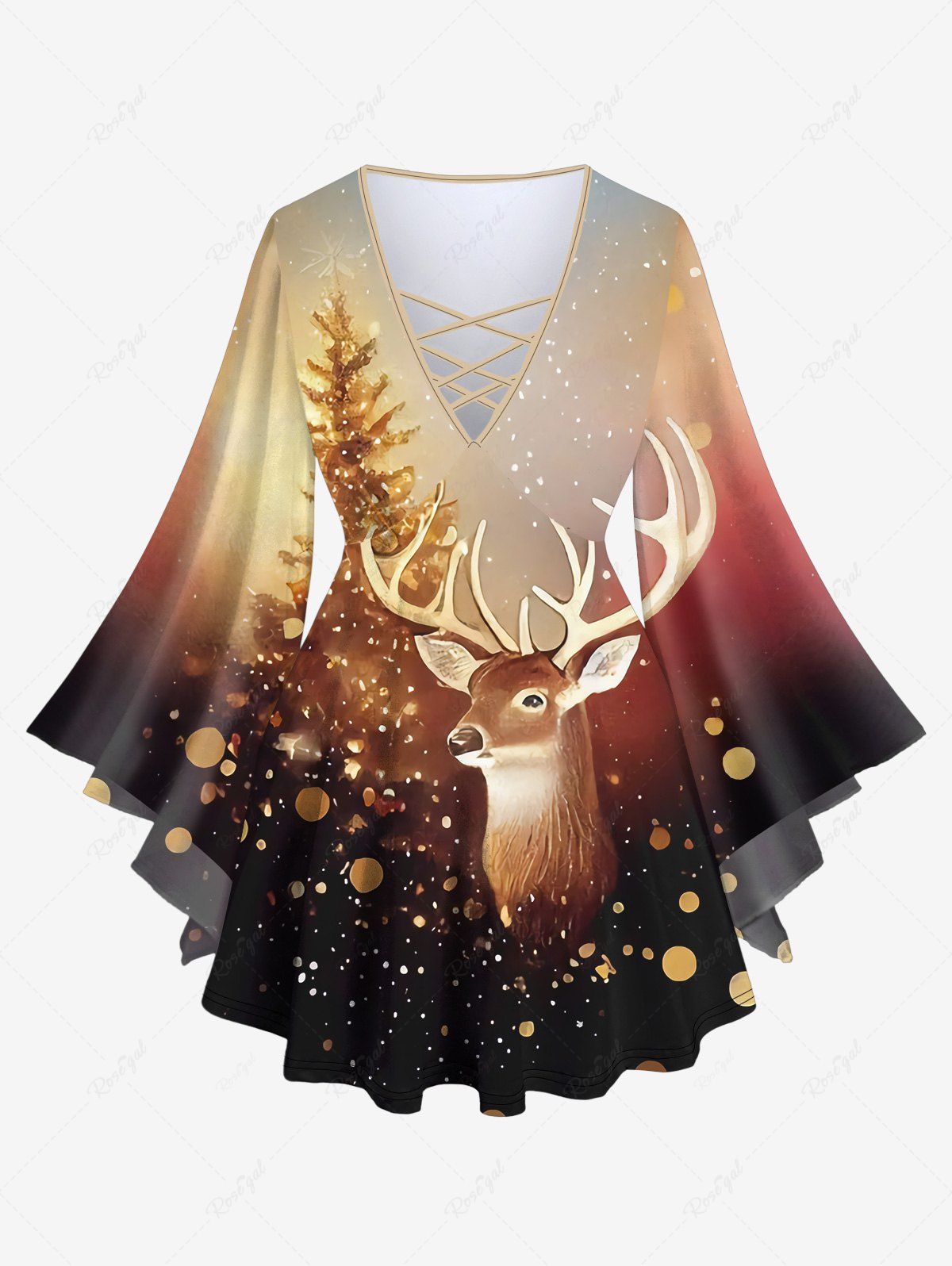 Fancy Plus Size Glitter Sparkling Christmas Tree Elk Sequins Ombre Galaxy Print Crisscross T-shirt  