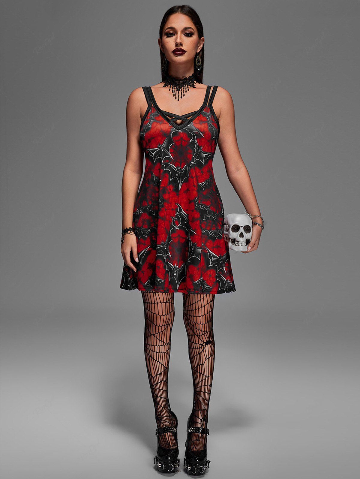 Robe D'Halloween Gothique Chauve-souris Imprimé à Bretelle Croisée Rouge 6X