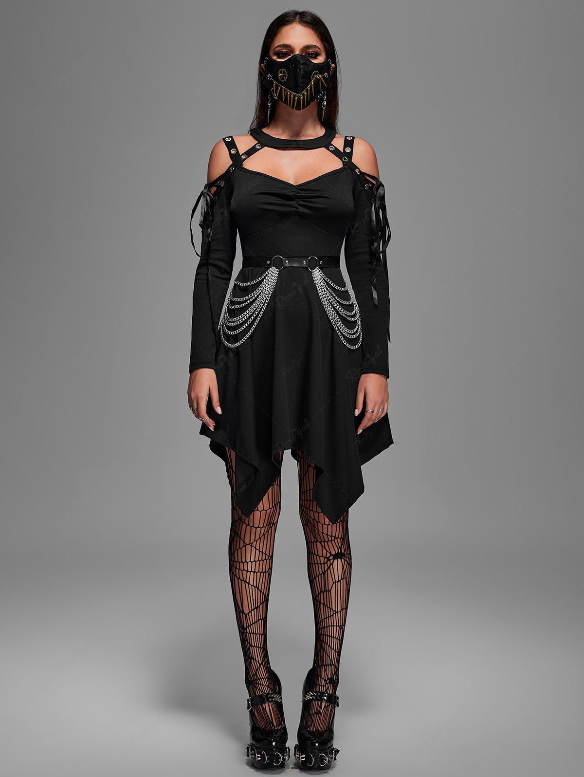 Sale Gothic Choker Lace Up Cutout Handkerchief Dress  