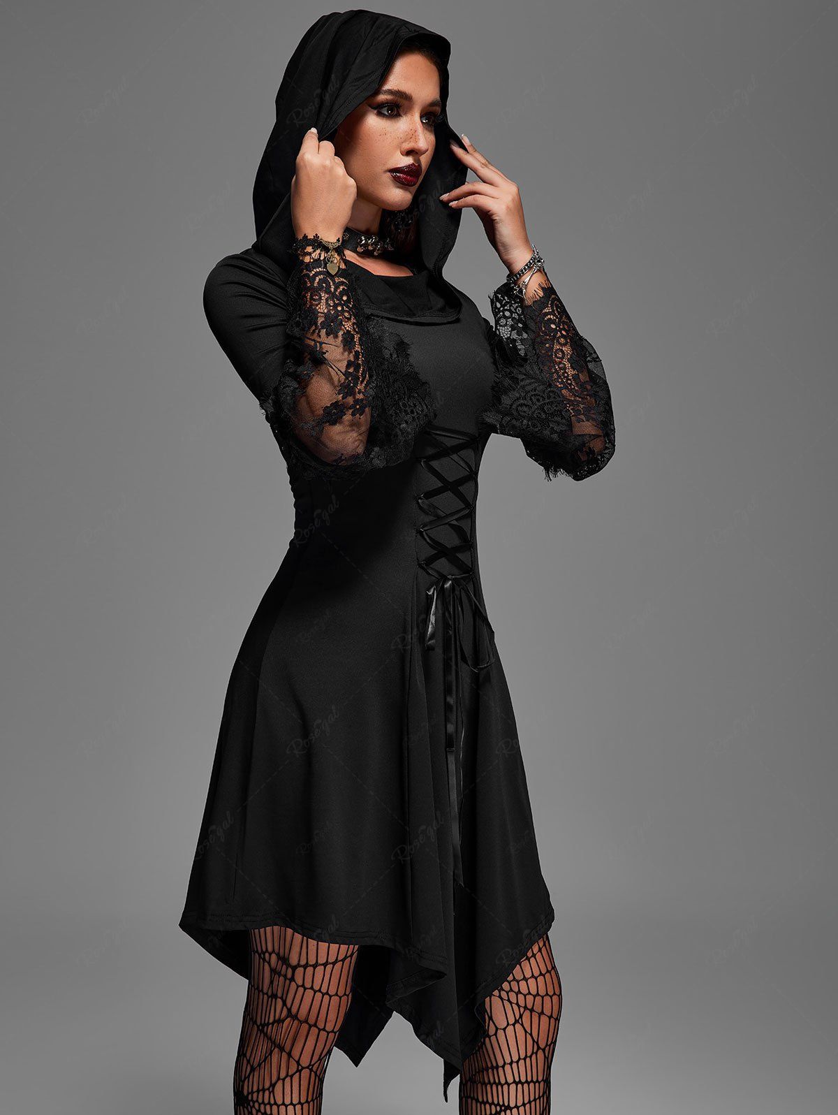 Outfit Gothic Plus Size Floral Lace Panel Bell Sleeves Lace Up Hooded Asymmetric Dress  