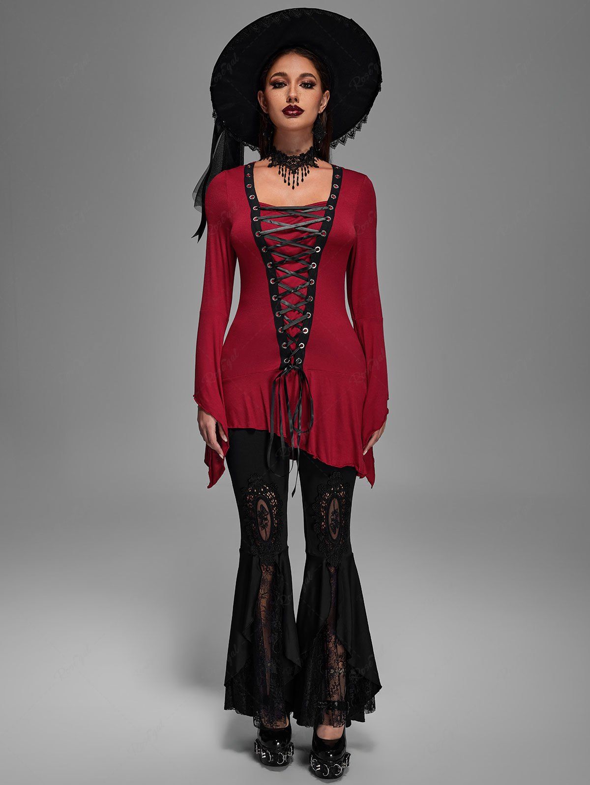 Store Gothic Lace Up Ruffles Ruched Flare Sleeves Asymmetric T-shirt  