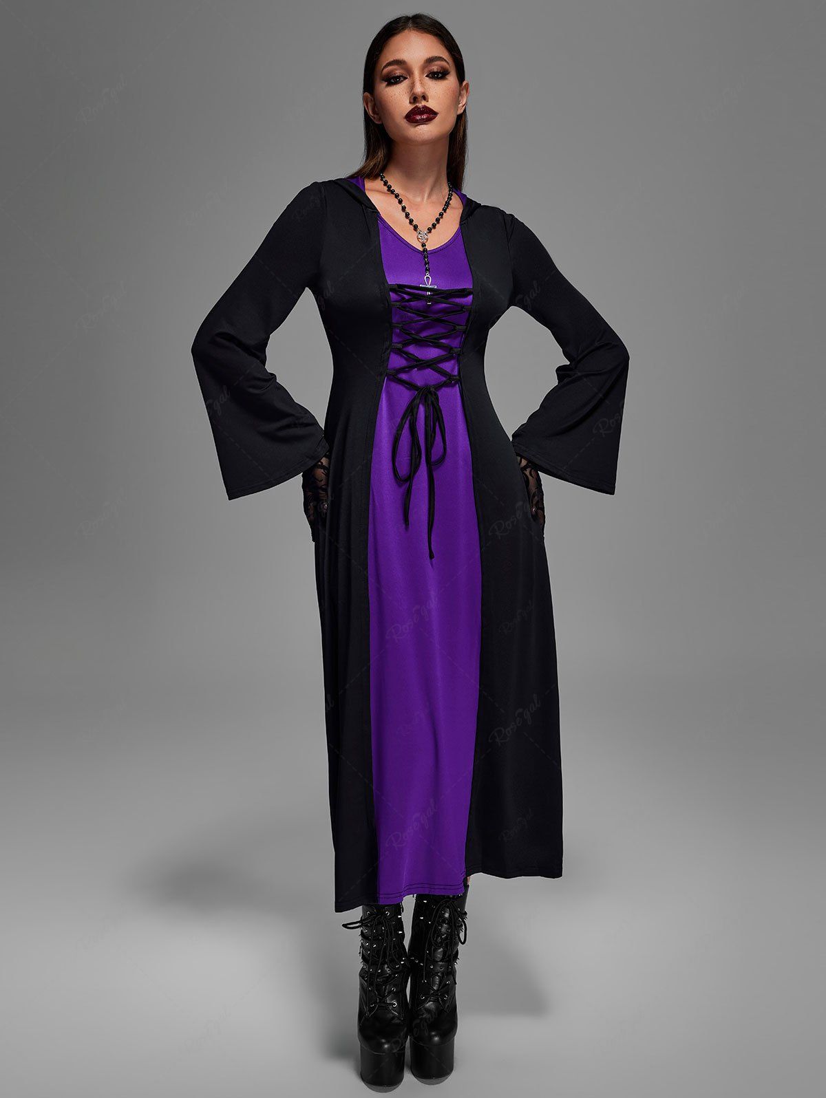 Fancy Plus Size Medieval Renaissance Lace Up Two Tone Hooded Dress  