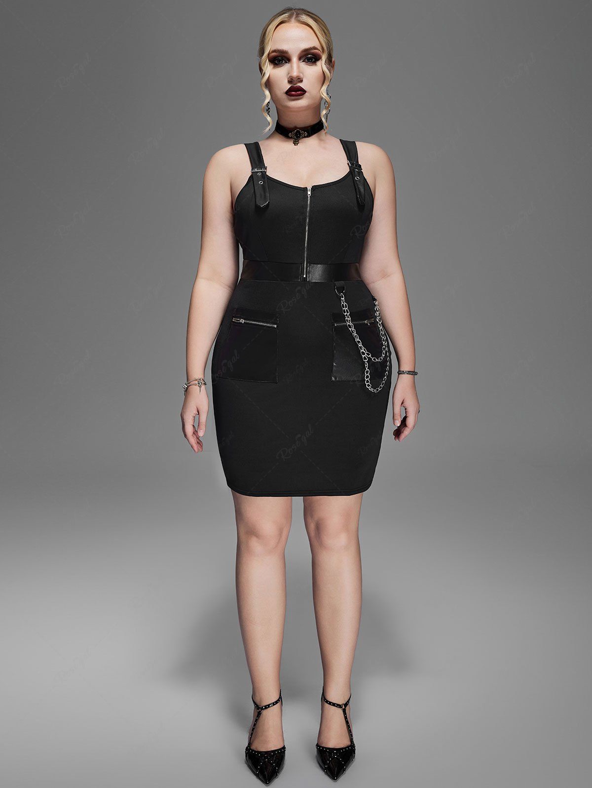 Sale Plus Size Punk Chains Buckles PU Panel Bodycon Dress with Pockets  