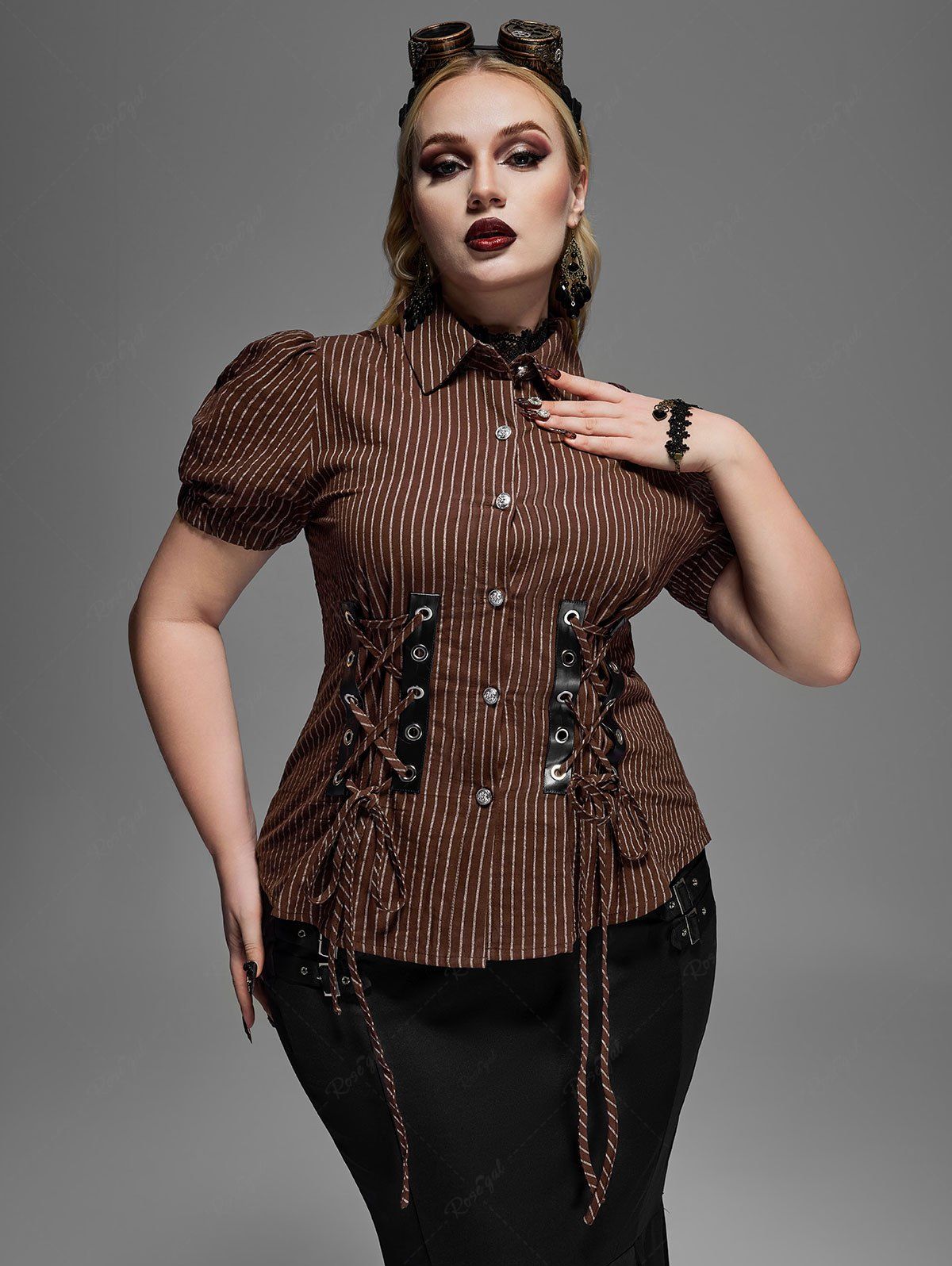 Online Gothic Striped Grommets Lace-up Shirt  