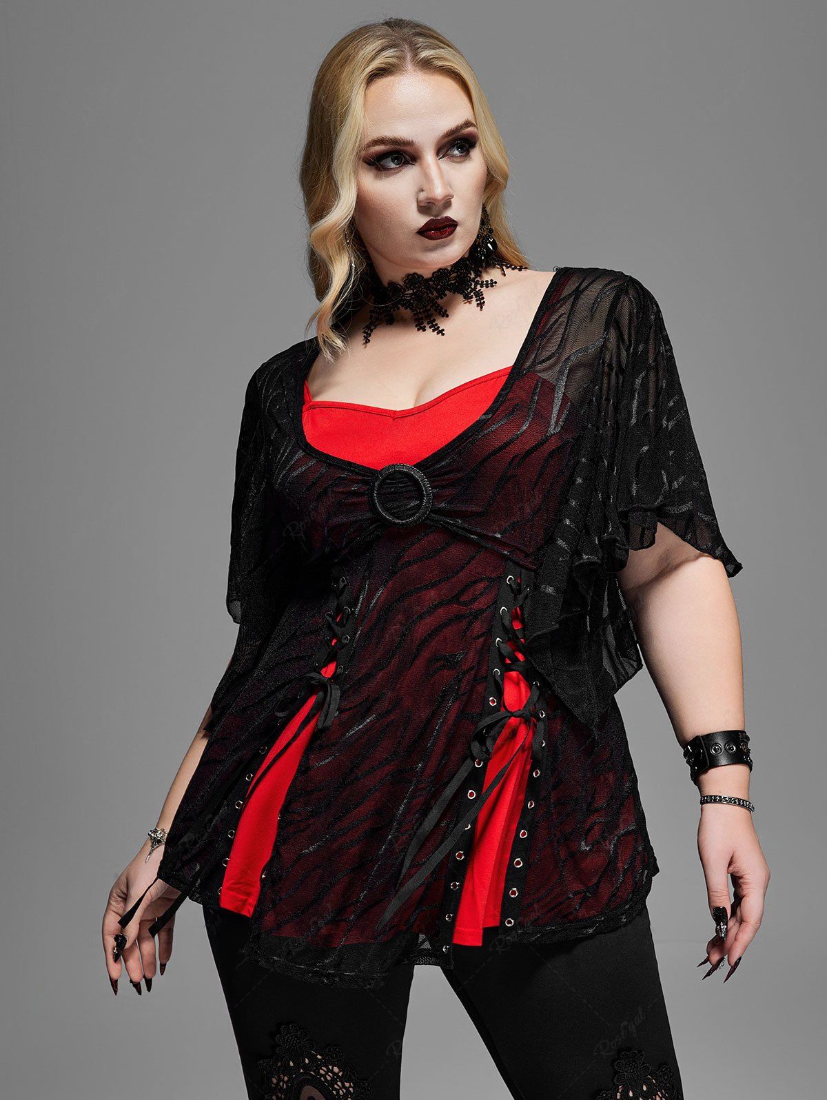 Online Gothic Mesh Jacquard Ring Lace-up Butterfly Sleeve 2 In 1 Top  