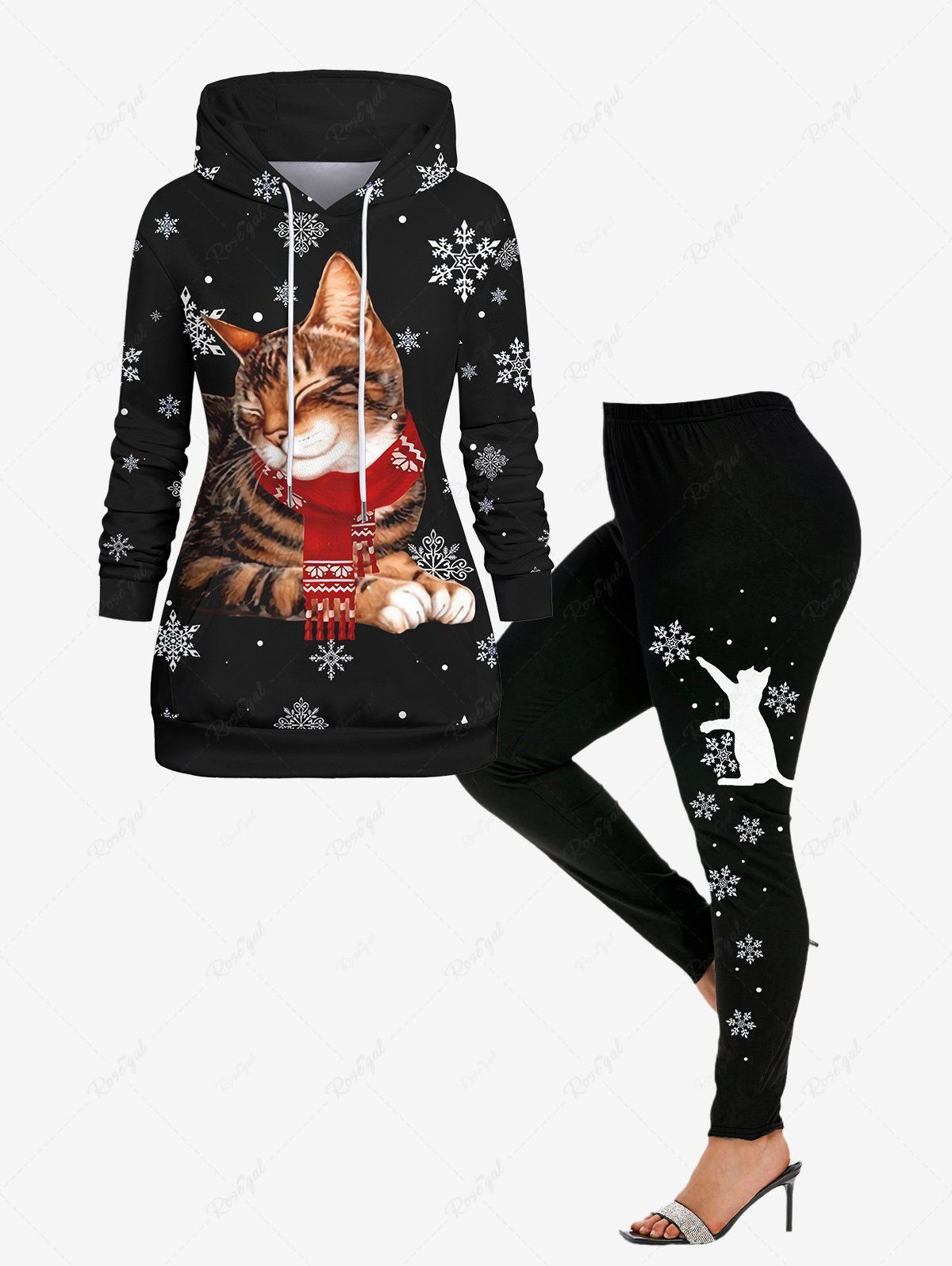 Outfits Plus Size 3D Cat Scarf Snowflake Printed Christmas Pocket Drawstring Pullover Hoodie and Leggings Outfit  