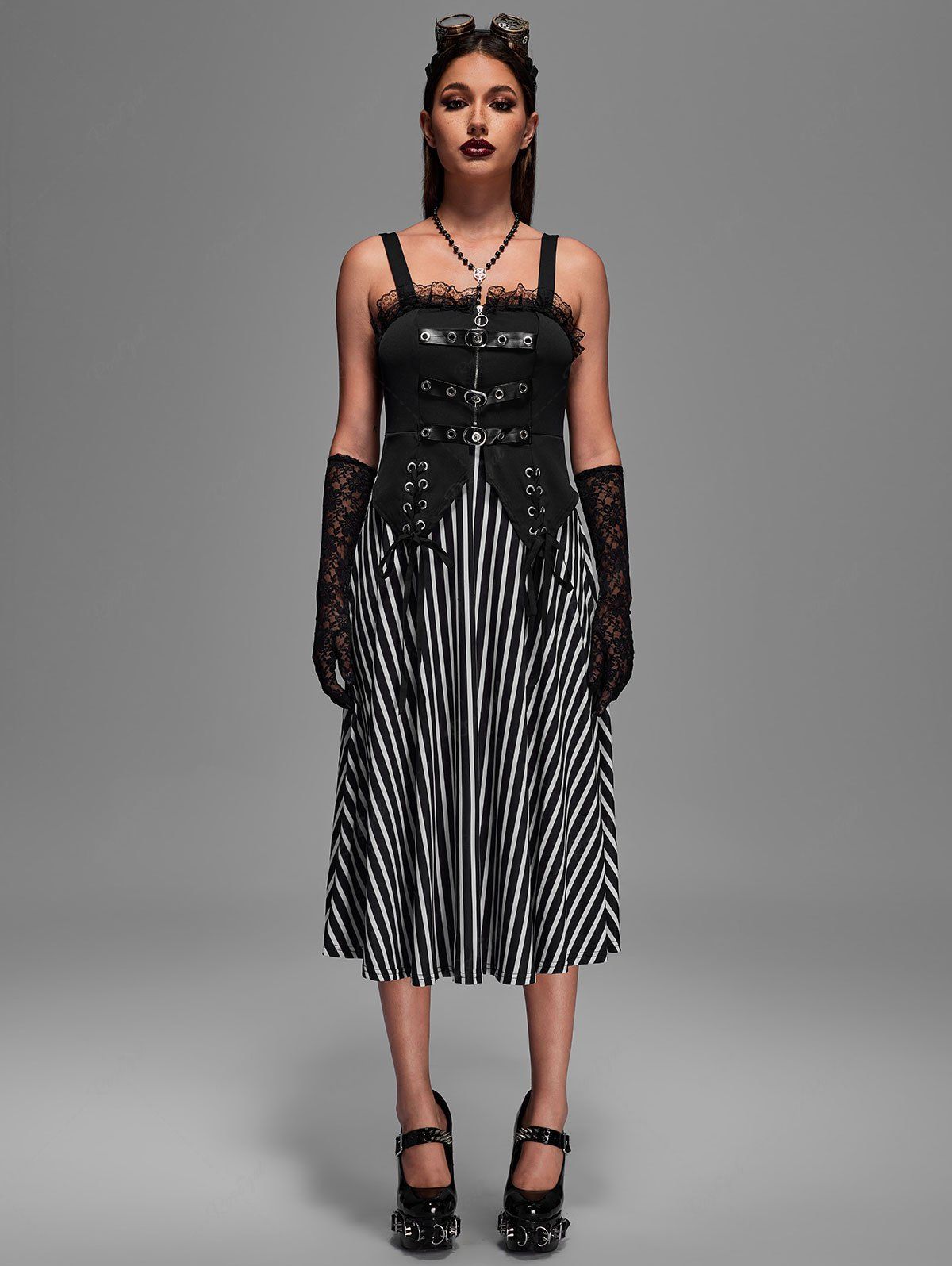 Hot Gothic Lace Trim Zipper Buckle Lace-up Striped Patchwork Dress  