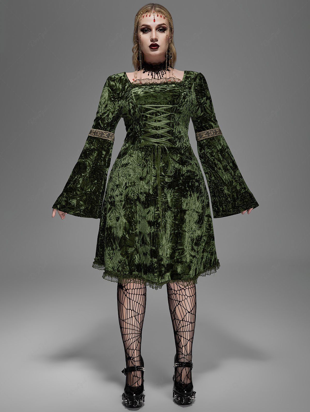 Best Gothic Lace Trim Lace-up Bell Sleeves Velvet Dress  