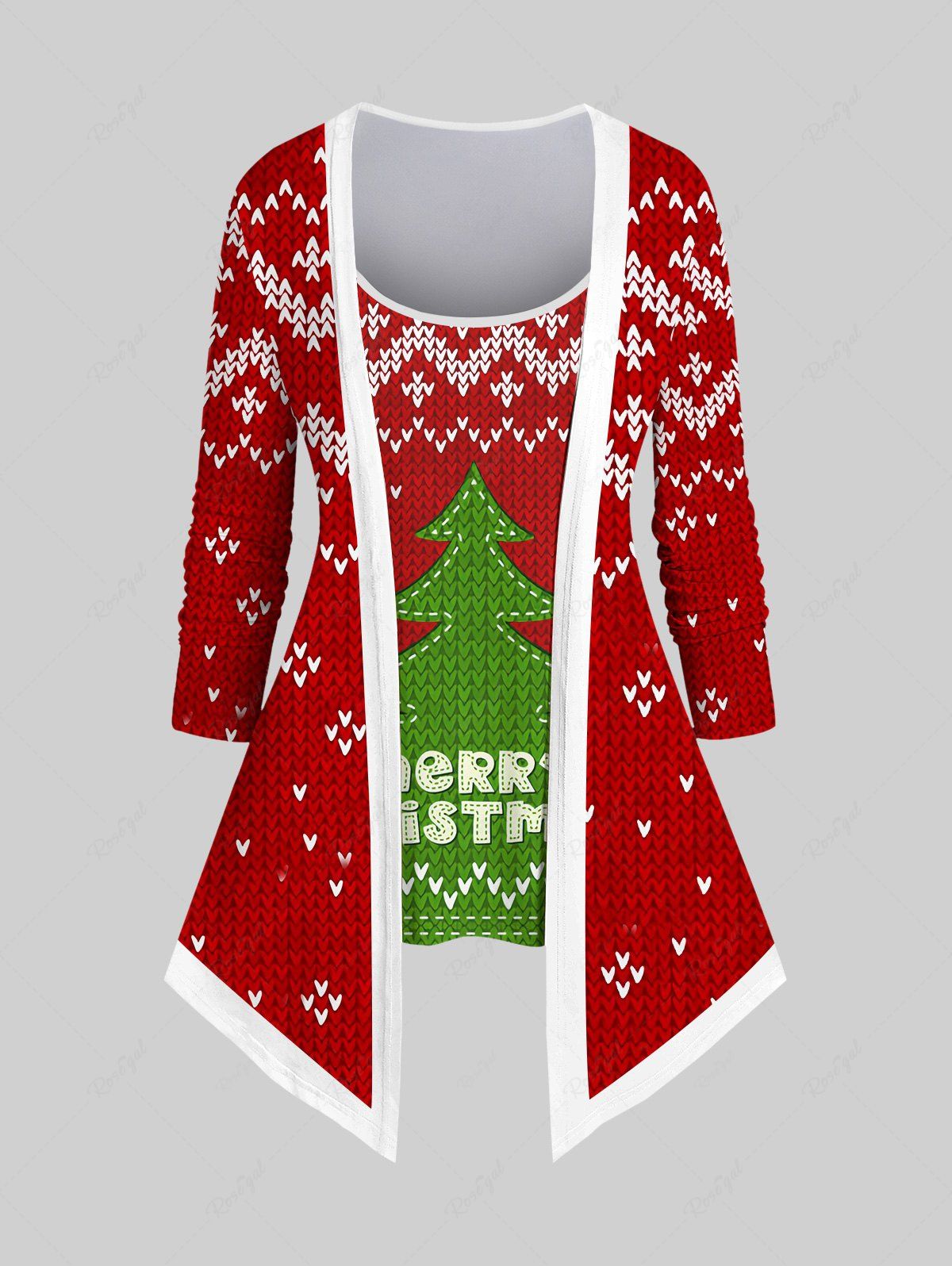 Plus Size 3D Heart Striped Christmas Tree Letters Ribbed Print Asymmetric Patchwork 2 in 1 Long Sleeves T-shirt Rouge 3X