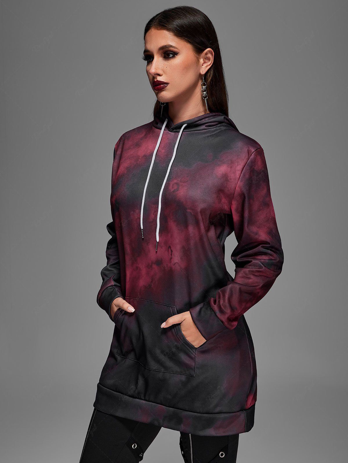 Shops Gothic Tie Dye Pockets Drawstring Hoodie  