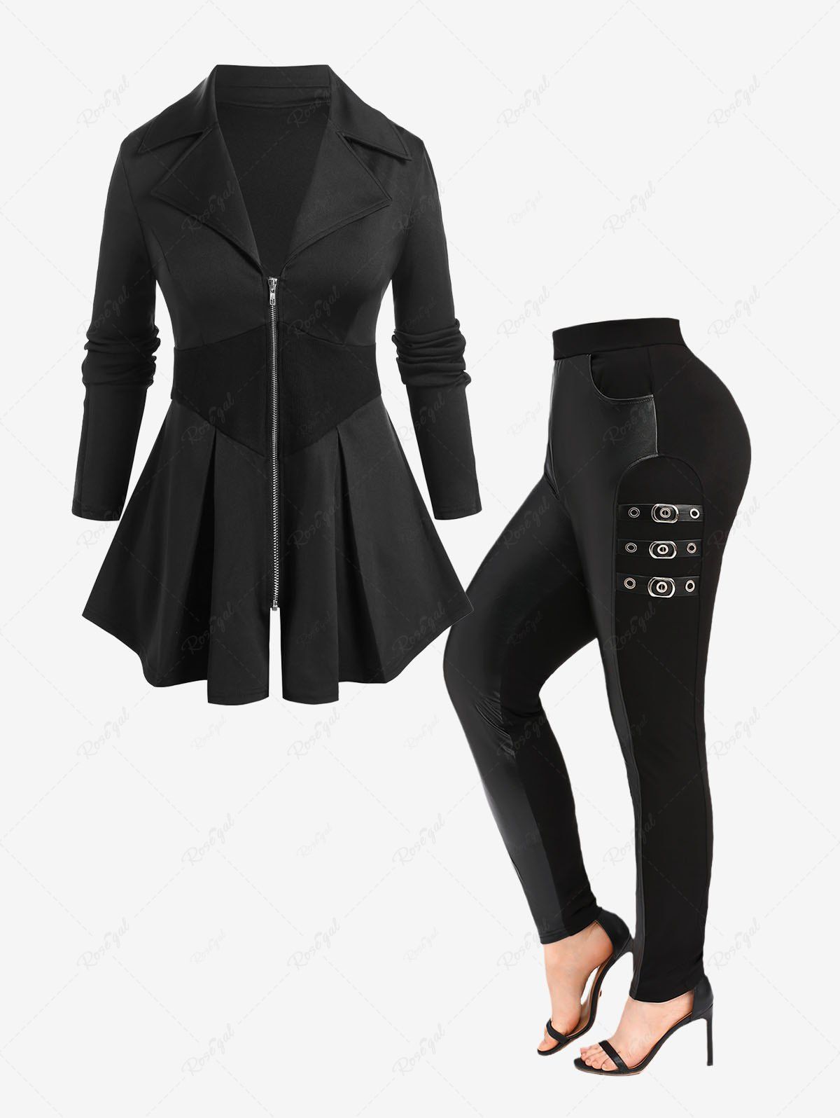 Outfit Ribbed Panel Zipper Fly Jacket and PU Leather Patchwork Buckles Grommets Pockets Pants Plus Size Outfit  