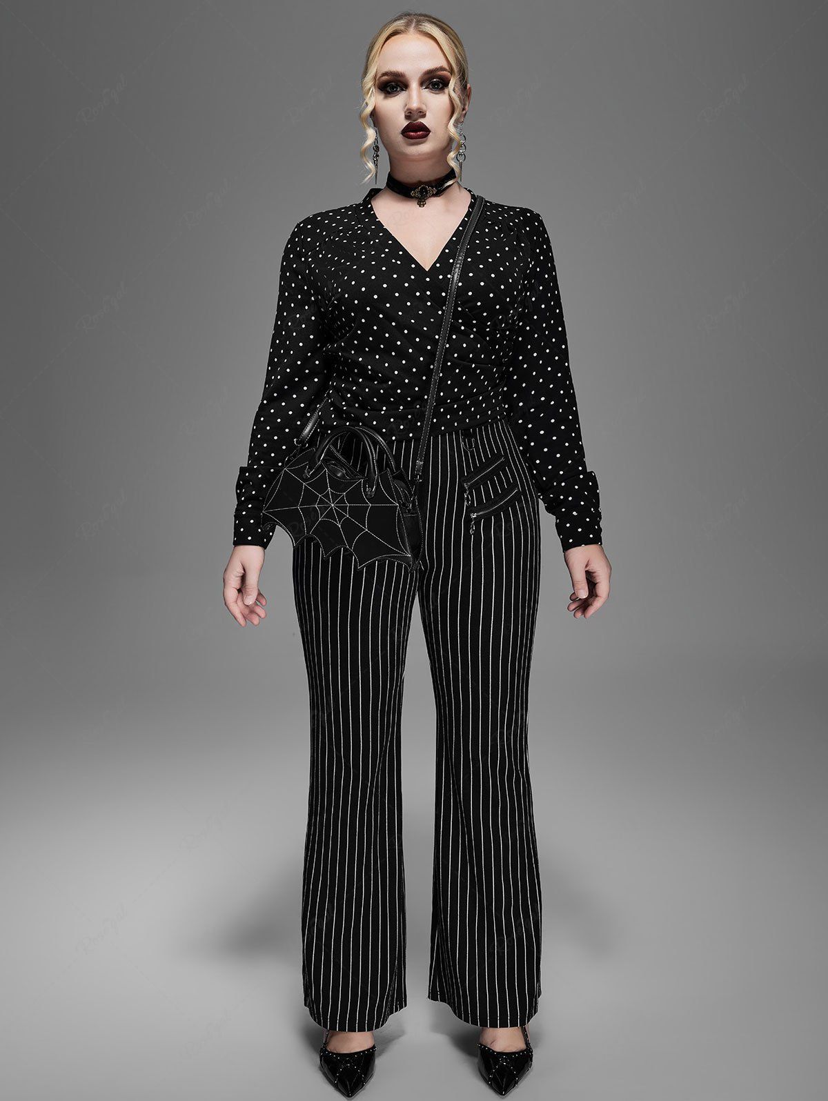 Hot Gothic Bowknot Polka Dot V Neck Ruched Blouse  
