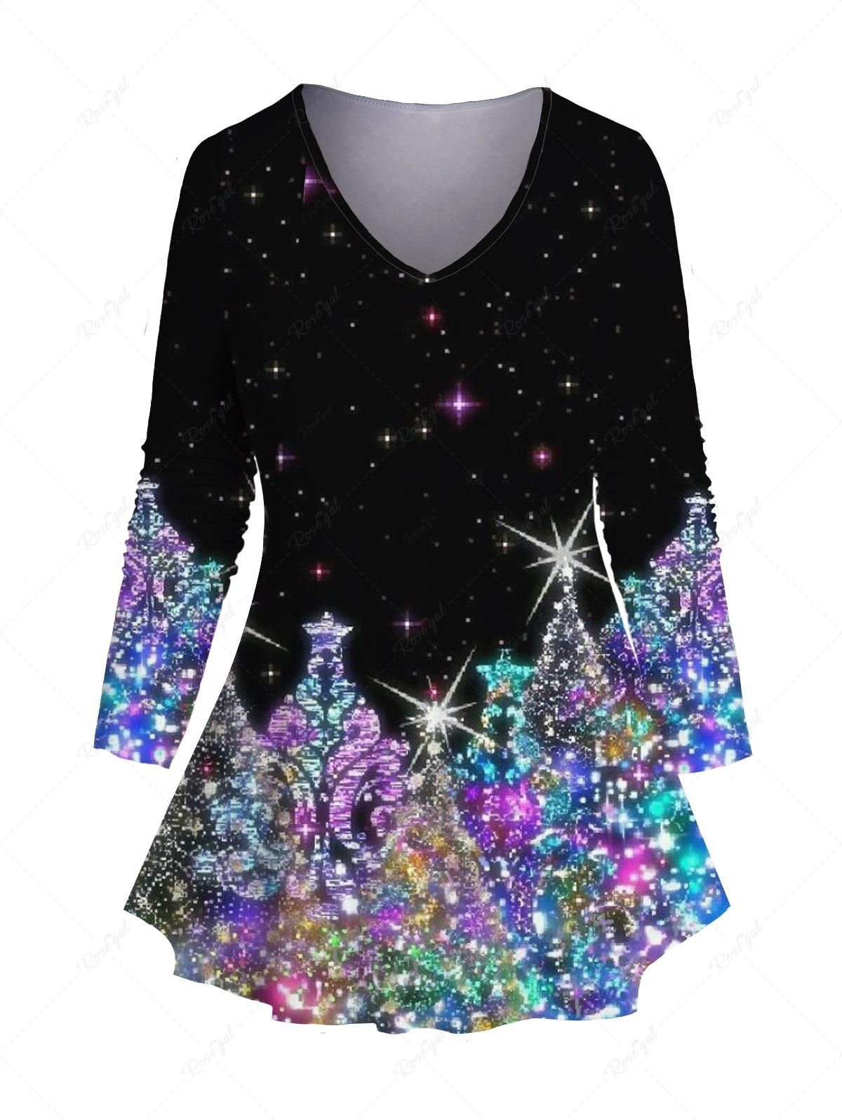 Shops Plus Size Christmas Sparkly Tree 3D Print V Neck T-shirt  