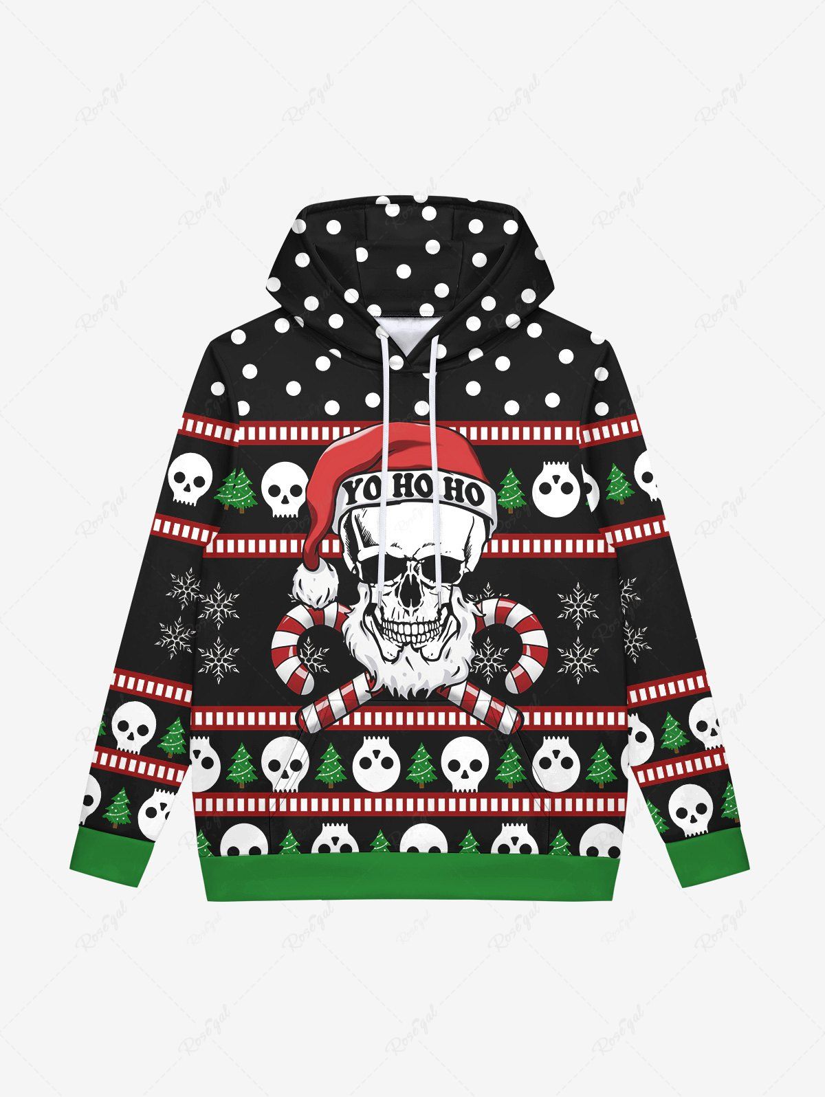 Online Gothic Christmas Tree Hat Skull Candy Polka Dot Print Fleece Lining Drawstring Hoodie For Men  
