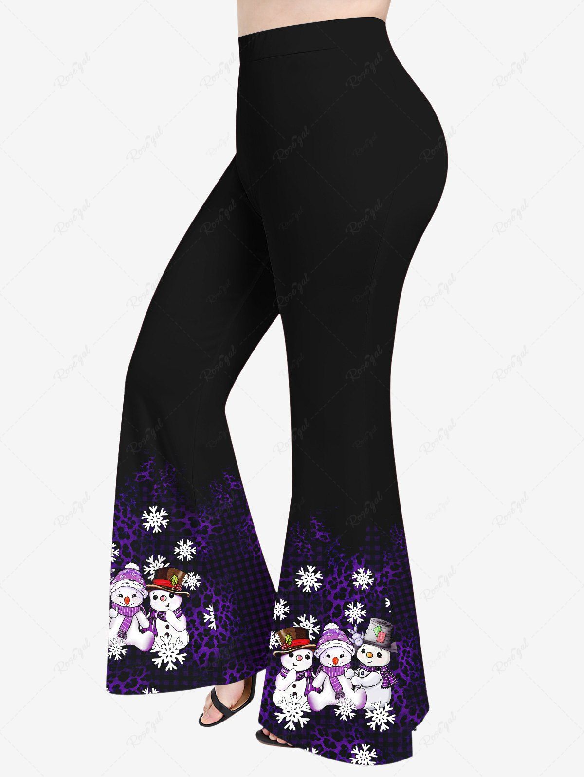 Sale Plus Size Christmas Snowman Hat Scarf Snowflake Leopard Print Flare Pants  