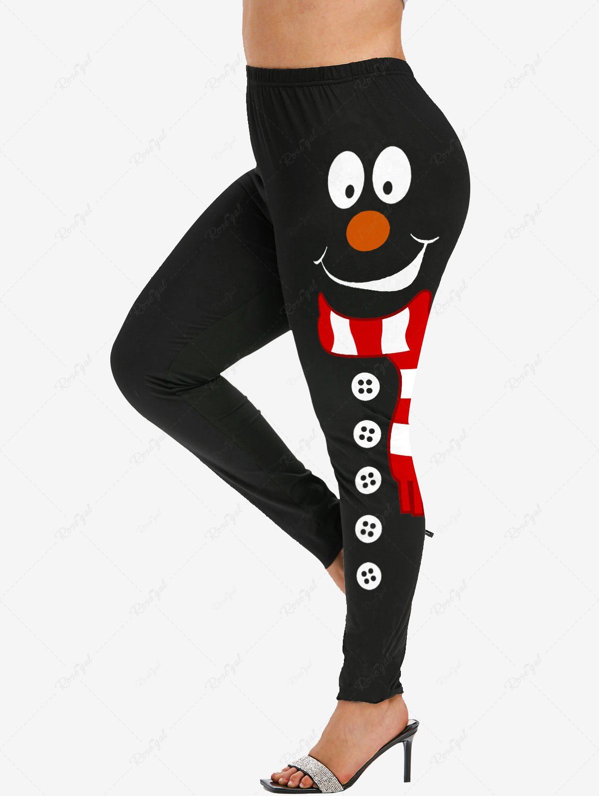 Hot Plus Size Christmas Snowman Face Scarf Buttons Print Leggings  