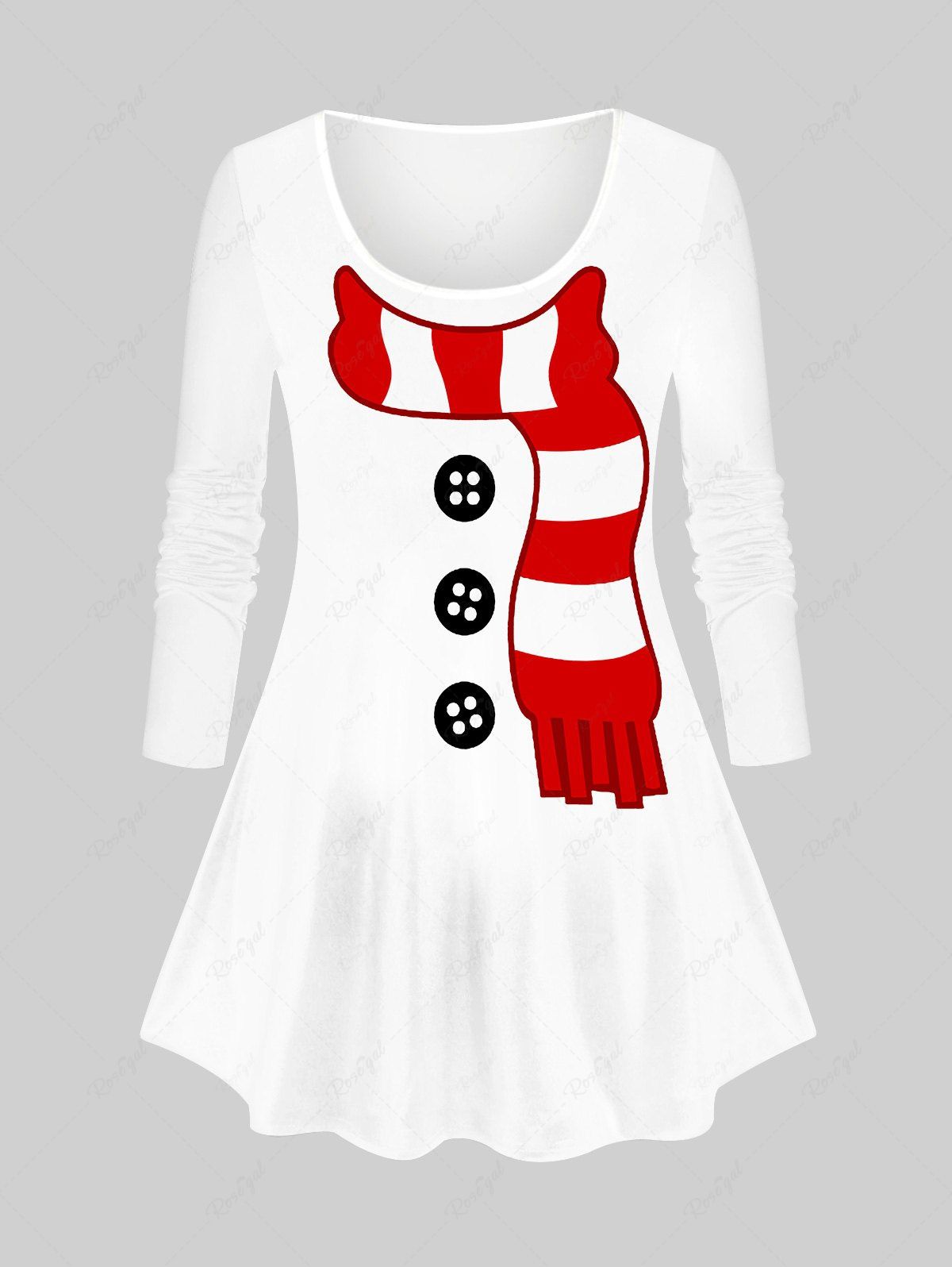 T-shirt de Noël Bonhomme de Neige et Echarpe Imprimés de Grande Taille à Manches Longues Blanc 5X