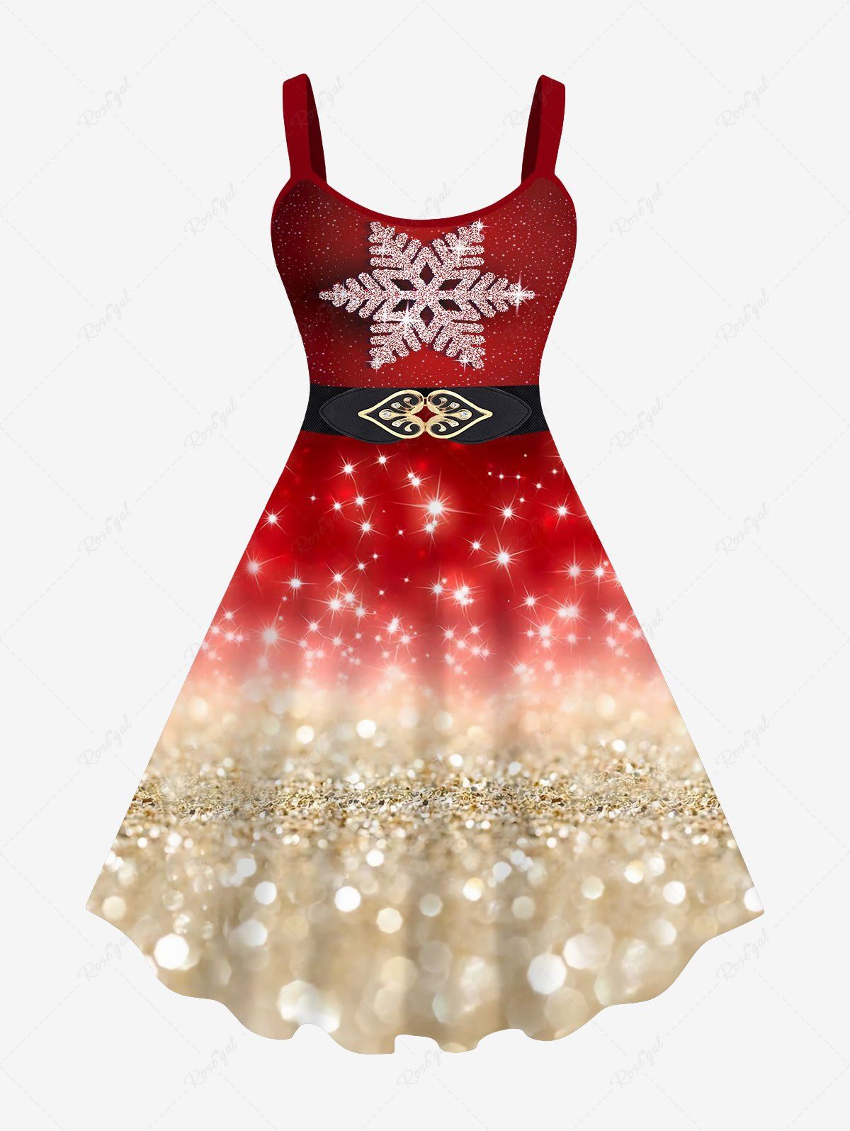 Chic Plus Size Christmas Snowflake Buckle Belt Sparkling Sequin Glitter 3D Print Tank Party Dress  