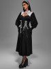 Robe Gothique Découpée Fleurie Panneau en Dentelle à Manches de Ballon à Lacets - Noir L | US 12