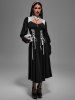 Robe Gothique Découpée Fleurie Panneau en Dentelle à Manches de Ballon à Lacets - Noir 1X | US 14-16