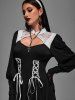 Gothic Floral Lace Panel Cut Out Lace Up Ruched Balloon Sleeves Dress -  
