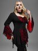 Plus Size Skulls Mesh Panel Bell Sleeves Twist Lace Up Asymmetrical 2 In 1 Top -  