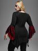 Plus Size Skulls Mesh Panel Bell Sleeves Twist Lace Up Asymmetrical 2 In 1 Top -  