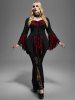 Plus Size Skulls Mesh Panel Bell Sleeves Twist Lace Up Asymmetrical 2 In 1 Top -  