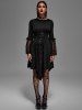 Gothic Plus Size Floral Lace Panel Bell Sleeves Lace Up Hooded Asymmetric Dress -  