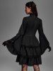 Gothic Lace-up Layered Ruched Floral Lace Trim Cutout Flare Sleeves Dress -  