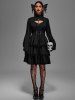 Gothic Lace-up Layered Ruched Floral Lace Trim Cutout Flare Sleeves Dress -  