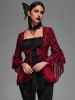 Gothic Bell Sleeves Cross Floral Mesh Flocking Lace Up Ruched Ruffles 2 in 1 Long Sleeves Top -  