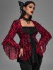 Gothic Bell Sleeves Cross Floral Mesh Flocking Lace Up Ruched Ruffles 2 in 1 Long Sleeves Top -  