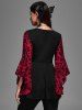 Gothic Bell Sleeves Cross Floral Mesh Flocking Lace Up Ruched Ruffles 2 in 1 Long Sleeves Top -  