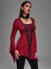 Gothic Lace Up Ruffles Ruched Flare Sleeves Asymmetric T-shirt -  