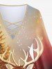 Plus Size Glitter Sparkling Christmas Tree Elk Sequins Ombre Galaxy Print Crisscross T-shirt -  