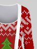 Plus Size 3D Heart Striped Christmas Tree Letters Ribbed Print Asymmetric Patchwork 2 in 1 Long Sleeves T-shirt - Rouge 1X