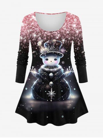 Plus Size Christmas Snowflake Snowman Sparkling Sequin Glitter 3D Print T-shirt - LIGHT PINK - M