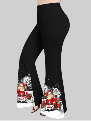 Plus Size Christmas Santa Clause Bear Bowknot Street Lamp Snowflake Print Flare Pants - BLACK - L