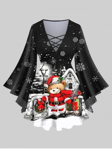 Plus Size Christmas Snowflake Street Lamp Santa Clause Bear Print Lattice Crisscross Flare Sleeve T-shirt - BLACK - S