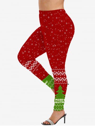 Plus Size Heart Striped Braided Textured Christmas Tree Letters Print Skinny Leggings - RED - XS