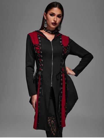 Hooded Lace Up Grommets Colorblock Gothic Coat