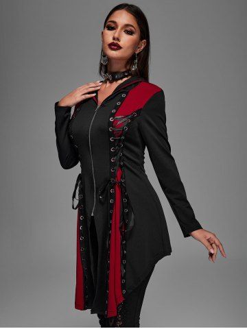 Hooded Lace Up Grommets Colorblock Gothic Coat