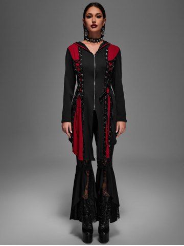 Hooded Lace Up Grommets Colorblock Gothic Coat